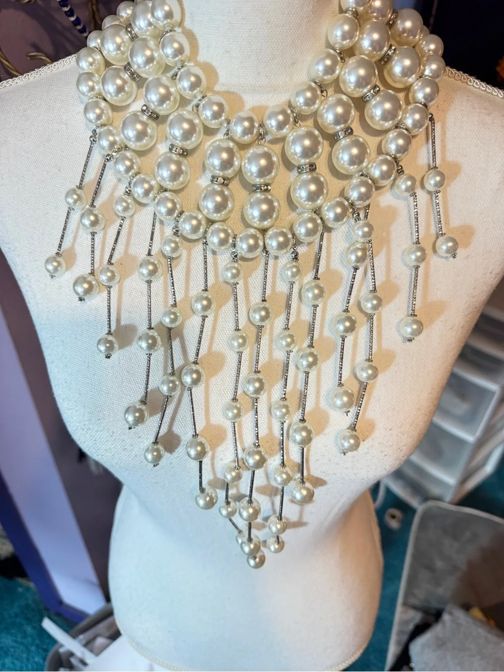 Elegant Pearl Fringe Statement Necklace - White Pearls